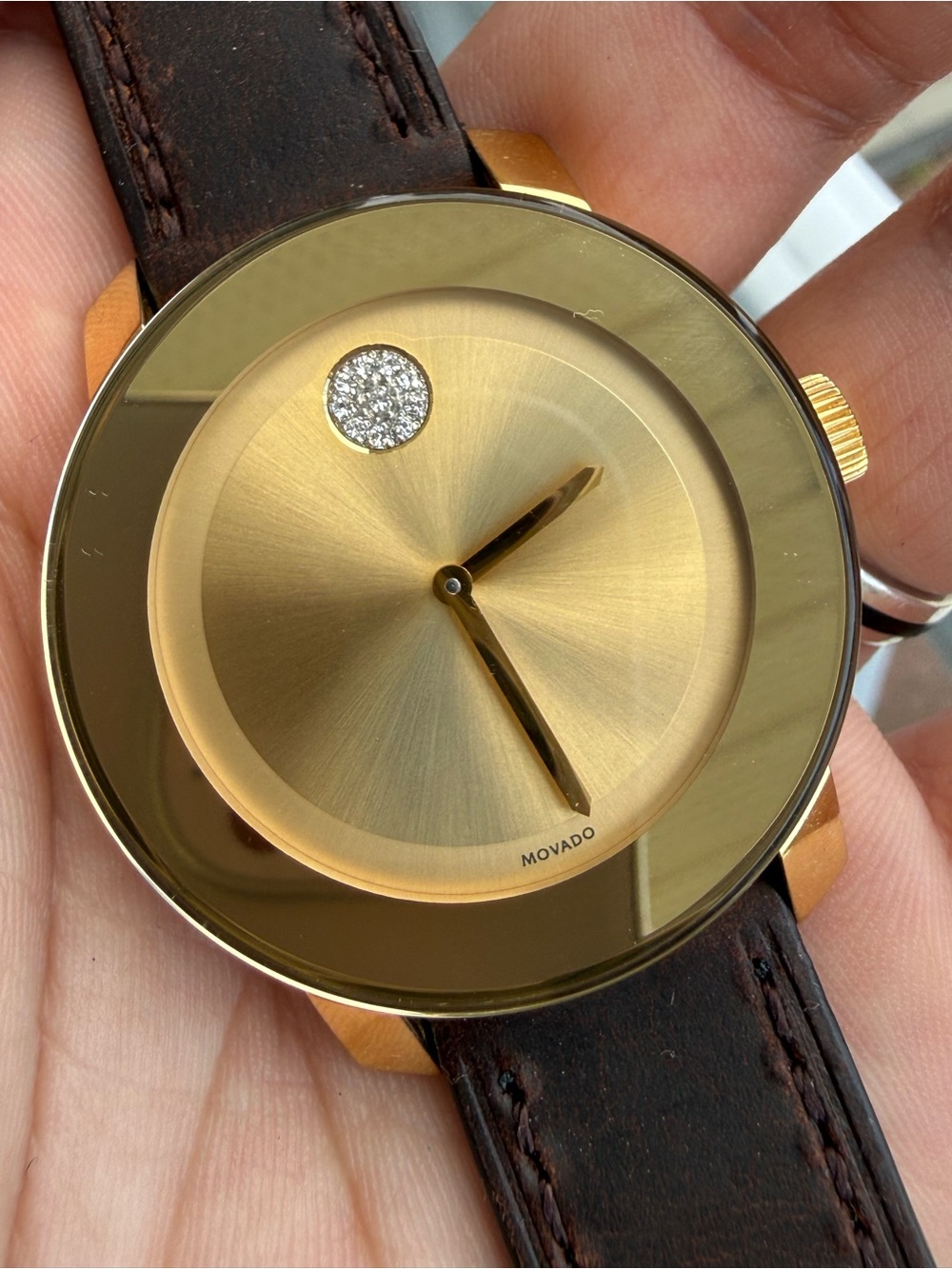 Movado Gold Dial Brown Leather Strap Watch with Crystal Accent 36mm